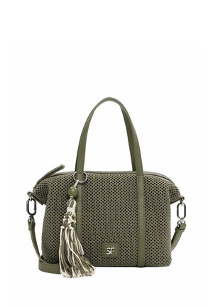 Olivengroene gestructureerde handtas met twee handvatten, afneembare schouderriem, decoratieve witte kwast en SF-logo aan de voorkant.