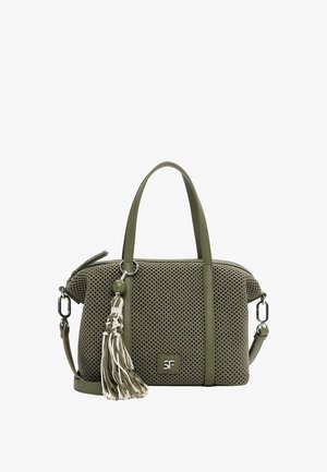 Oliivinvihreä teksturoitu käsilaukku, jossa on kaksi kahvaa, irrotettava olkahihna, koristeellinen valkoinen tupsu ja SF-logo edessä.