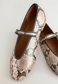Ballet kengät, joissa on keinonahkakuosi, joka jäljittelee käärmeennahkaa beige- ja mustissa sävyissä. Varustettu mustalla hihnalla jalkapöydän yli ja sileällä sisäosalla.