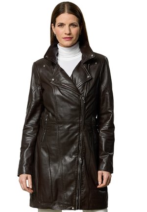 Brown leather trench coat with a fitted design, high collar, and asymmetrical zipper. Features side pockets and panel stitching details.