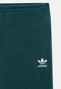 Zeleno žametno športno oblačilo z gladko teksturo. Vsebuje belo vezeno logo Adidas in ikonične tri črte.