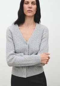 Sivi kardigan od pletenine s dubokim V-izrezom, s dva gumba sprijeda, rebrastim manžetama i prilagođenim strukom. Mekana tekstura i ležerni dizajn.