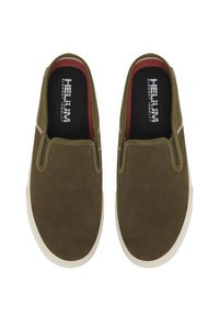 Green suede slip-on shoes with a black interior and white rubber sole. Features contrast stitching and elastic side inserts for easy wear.