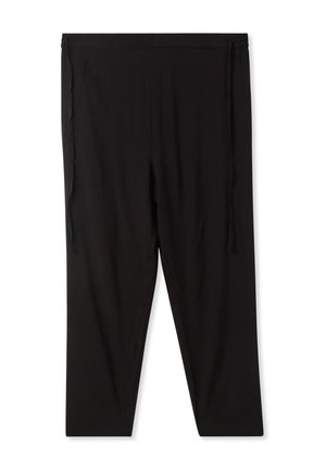 Pantaloni nero a gamba dritta con vita elastica e cordini laterali, esposti piatti su uno sfondo bianco.