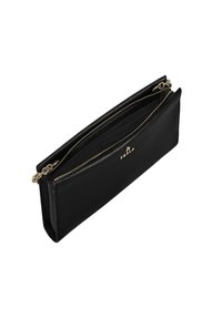 Portefeuille en cuir noir avec fermeture éclair dorée, présentant un design mince et plusieurs emplacements pour cartes à l'intérieur. Logo gaufré à l'avant.