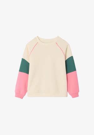 Cream sweatshirt with pink lower sleeves and forest green bands above them, featuring pink stitching along raglan seams.
