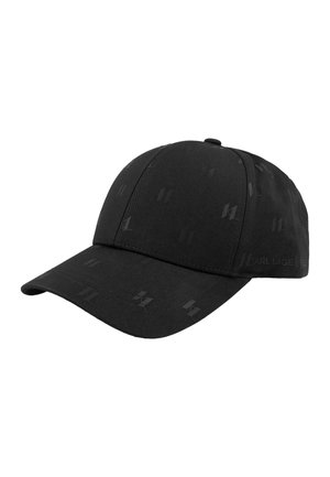 Sort baseballkasket med buet skygge og subtilt tonalt logomønster på stoffet.