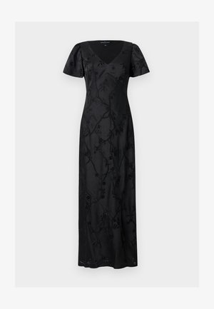 Μαύρο φόρεμα μέχρι το πάτωμα με κοντά μανίκια, ντεκολτέ σε σχήμα V και διακριτικές κεντημένες λουλουδένιες λεπτομέρειες σε όλο το ύφασμα.