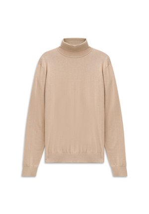 Beige turtleneck sweater made of soft, lightweight fabric. Features long sleeves, ribbed collar and cuffs, and a relaxed fit at the waist.