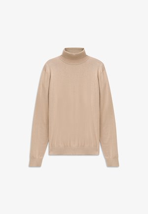 Beige turtleneck sweater made of soft, lightweight fabric. Features long sleeves, ribbed collar and cuffs, and a relaxed fit at the waist.