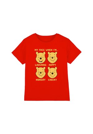 Red T-shirt featuring four yellow bear faces expressing laughing, happy, hungry with a tongue out, and cheeky emotions with corresponding text labels.