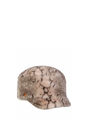 Short, round faux fur hat with a mottled beige and brown pattern and a small orange logo on the side.