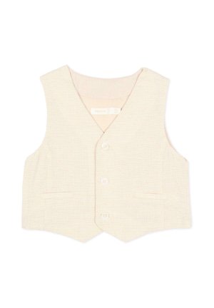 Body per neonati senza maniche color crema con sottili righe orizzontali, tre bottoni frontali e due piccole tasche frontali.