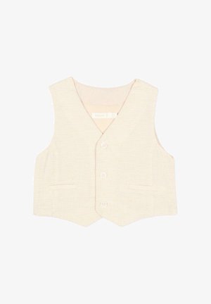 Body per neonati senza maniche color crema con sottili righe orizzontali, tre bottoni frontali e due piccole tasche frontali.