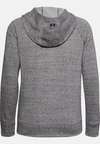 Felpa grigia con cappuccio realizzata in tessuto testurizzato, dotata di cappuccio regolabile con cordino, maniche lunghe e polsini a coste con un logo sul retro.