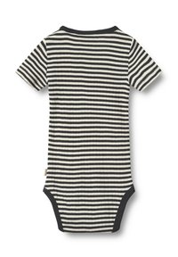 Randig kortärmad body i svart och kräm. Ribbad textur med rund halsringning och tryckknappstängning i botten för enkel påklädning.