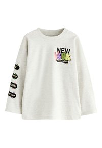 Lysegrå langærmet sweatshirt med "NEW YORK" logo i sort og farverige detaljer. Tekst på ærmet angiver skateboard-tricks.