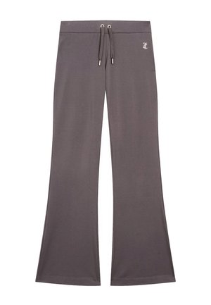 Gray flared jogger pants with a drawstring waist, featuring a smooth texture and embroidered logo on the front left.