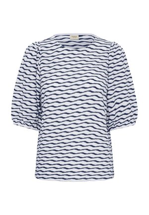 Balta palaidinė su tamsiai mėlynomis banguotomis horizontaliosiomis juostomis, pūstomis pusėmis rankovėmis su elastinėmis rankogaliais ir apvaliomis kaklo iškirptėmis.