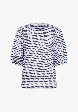 Valkoinen paita, jossa on laivastonsiniset aaltoilevat vaakaraidat, puhvihihaiset puolipitkät hihat joustavilla resoreilla ja pyöreä pääntie.