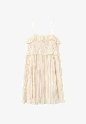 Robe sans manches de couleur crème avec fines bretelles, corsage en dentelle florale et jupe plissée avec des détails à volants.