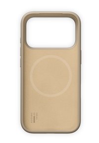 Custodia per telefono in oro con texture opaca, dettaglio di design circolare e ritaglio per la fotocamera. Dotata di pulsanti laterali e marchio in basso.