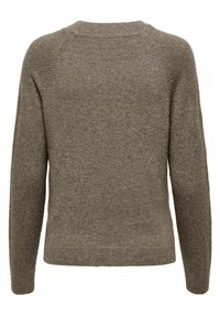Brauner Strickpullover mit strukturierter Oberfläche, ausgestattet mit einem Rundhalsausschnitt, langenÄrmeln sowie gerippten Bündchen und Saum. Die Rückansicht zeigt eine Schlichtheit im Design.