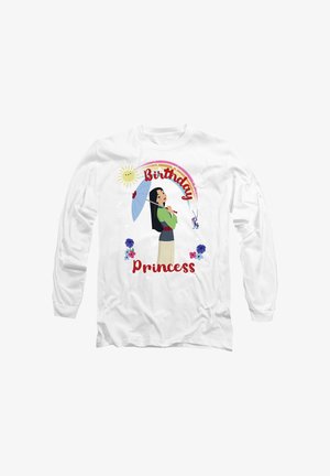 Weiße Langarmbluse mit einem Cartoon-Prinzessinnen-Motiv und einem Regenschirm, buntem Text "Geburtstagsprinzessin" und floralen Akzenten.