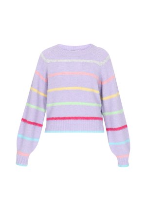 Paarse cropped sweater van zacht materiaal, met horizontale strepen in geel, roze, groen en rood. Ballonmouwen en geribde manchetten.