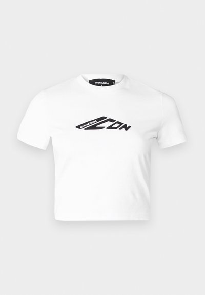 T-shirt blanc court en coton, avec un logo graphique noir sur le devant. Col rond et manches courtes. Texture lisse.