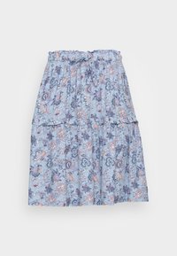 Blue patterned skirt with an elastic waistband and drawstring. Floral designs in pink and dark blue on lightweight fabric. Tiered design.