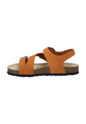 Orange leather sandal with cross straps, adjustable buckle, cork footbed, and textured black rubber sole.