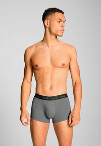 Gray boxer briefs with a black elastic waistband featuring the Puma logo. The fabric appears soft and form-fitting.