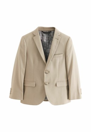 Blazer beige pour homme à deux boutons avec revers cranté, poches avant à rabats et doublure intérieure grise à motifs.