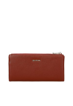 Prostokątny brązowy portfel ze skóry z górnym zamkiem błyskawicznym i małym srebrnym logo marki umieszczonym na środku z przodu.