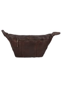 Borsa a spalla in pelle marrone con tasca anteriore con zip, corpo largo e texture morbida. Presenta due manici laterali e cuciture minime.