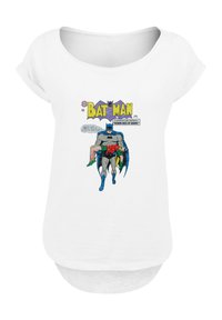 White short-sleeve T-shirt featuring a comic-style graphic of Batman carrying Robin, with bold colors and vintage typography above the image.