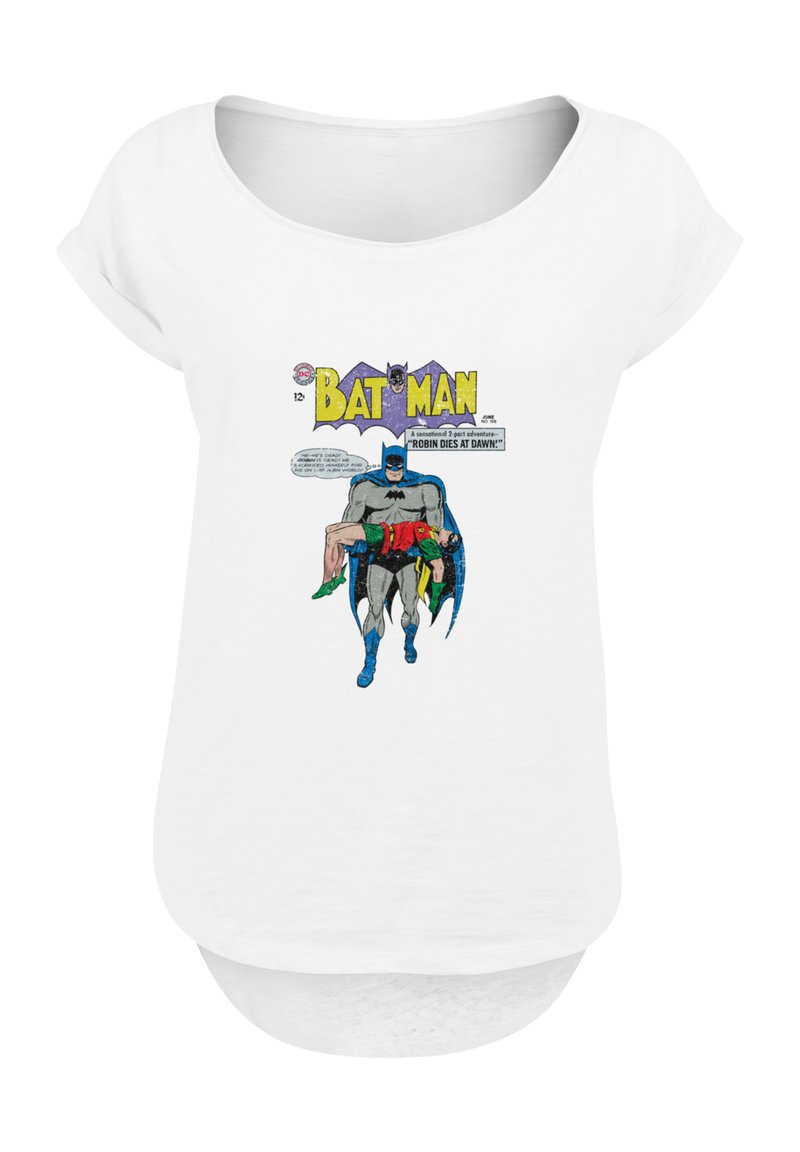 White short-sleeve T-shirt featuring a comic-style graphic of Batman carrying Robin, with bold colors and vintage typography above the image.