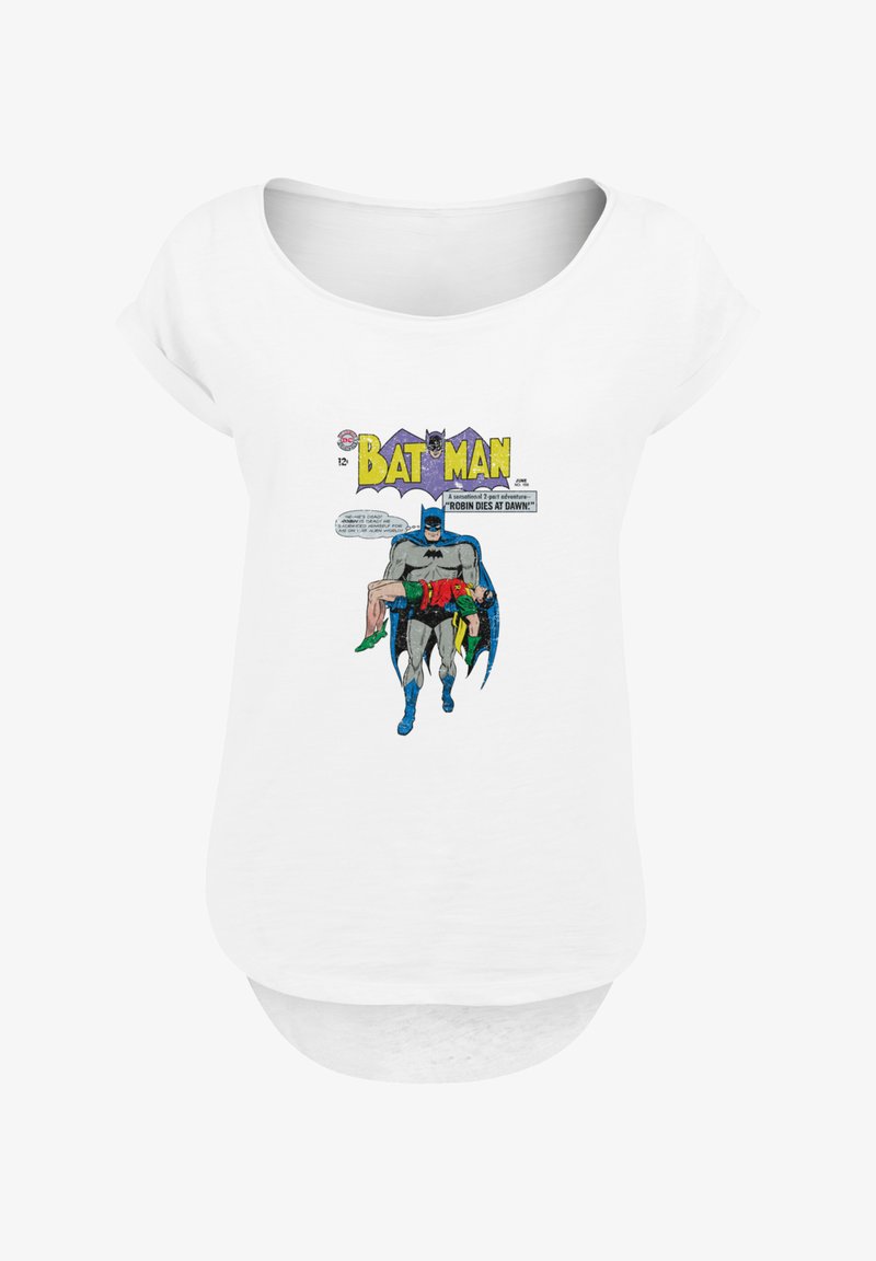 White short-sleeve T-shirt featuring a comic-style graphic of Batman carrying Robin, with bold colors and vintage typography above the image.