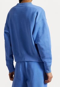 Modrý bavlněný svetr s kulatým výstřihem, volným střihem, žebrovanými manžetami a lemem. Vyznačuje se měkkou strukturou a neformálním designem.