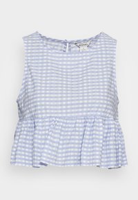 Top cropped em gingham azul claro, com decote redondo, mangas curtas e bainha franzida. Apresenta um fecho com botão nas costas e textura de algodão suave.