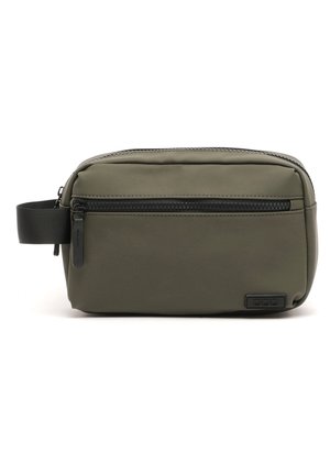 Olive green toiletry bag with a rectangular shape, made of smooth material. Features a black zipper and a side handle for easy carrying.