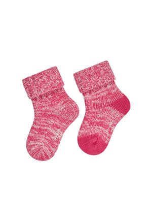 Pair of pink and white knitted baby socks with folded cuffs on a white background.