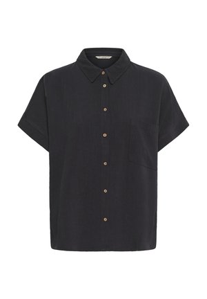 Camicia nera a maniche corte con colletto, bottoni frontali e taschino sul lato sinistro del petto, mostrata su sfondo bianco.