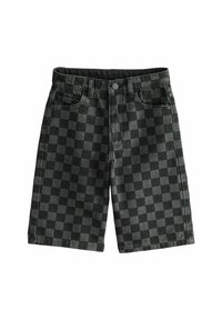 Sorte denim shorts med ternet mønster, der har en knaplukning og forlommer. Stoffet virker slidstærkt med en glat overflade.