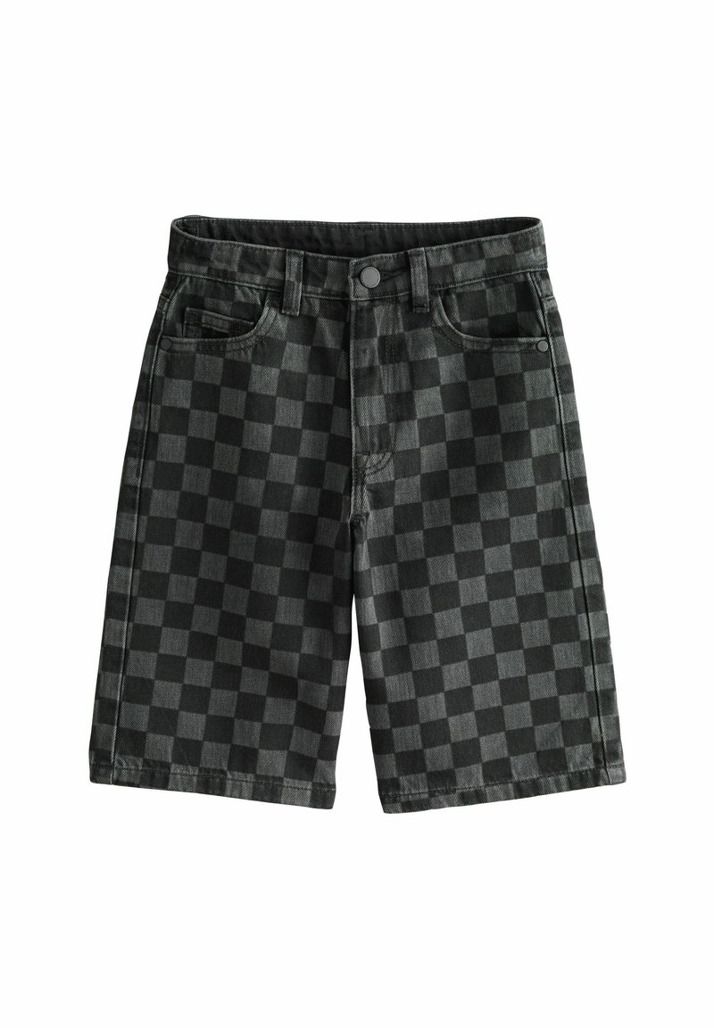 Sorte denim shorts med ternet mønster, der har en knaplukning og forlommer. Stoffet virker slidstærkt med en glat overflade.