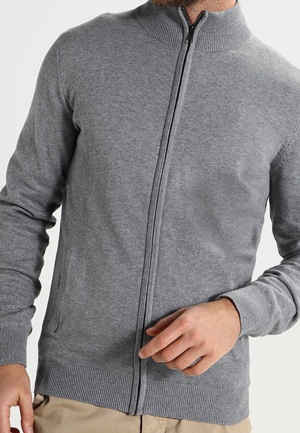 Gray zippered cardigan made of soft knit fabric. Features a stand-up collar, ribbed cuffs, and two side pockets. Smooth texture throughout.