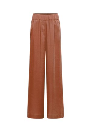 Rust-colored wide-leg pants with an elastic waistband and subtle side pockets, displayed against a white background.
