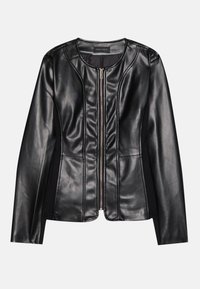 Giacca in pelle nera con zip frontale, forma aderente, texture liscia e tessuto a contrasto lungo i lati per un tocco di dettaglio in più.