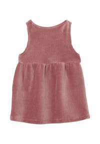 Rosa Corduroydress im ärmellosen Design, mit vertikalen Rippungen und einem gerafften Saum. Glatte Textur mit einem runden Ausschnitt.